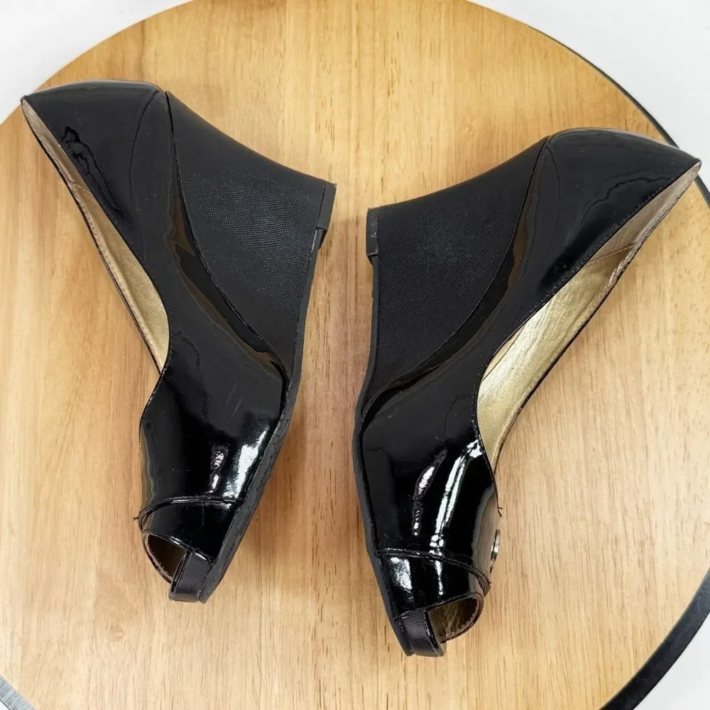 Lilly Pulitzer Patent Leather Peep Toe Wedge Heels Black 36.5 US‎ 6
